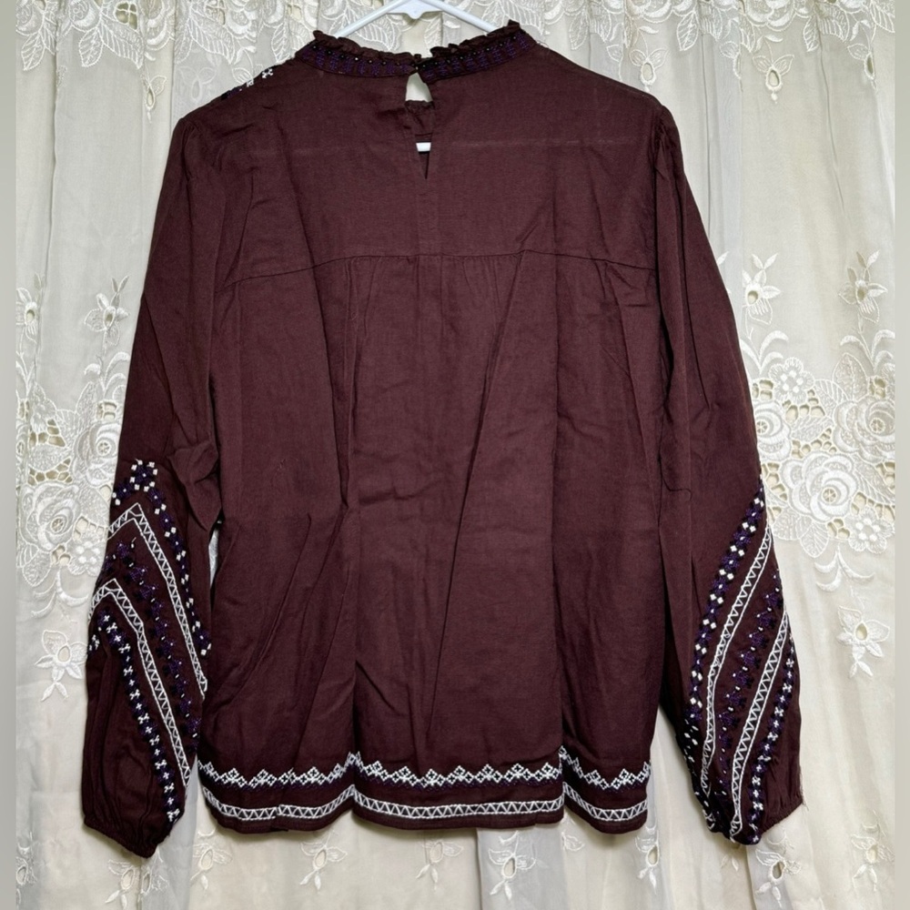 Zara Embroidered & Beaded Long-Sleeve Tunic - Brown with White & Purple Accents - Picture 4 of 13